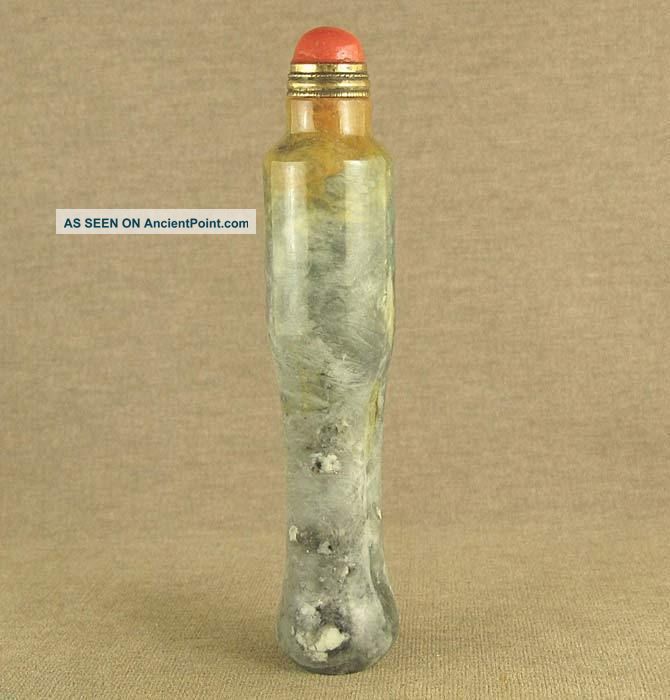 Lanky Chinese Jade Snuff Bottle With Red Coral Top Lid Snuff Bottles photo