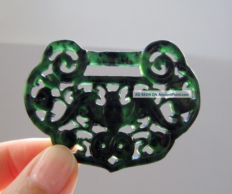 Chinese Hetian Black Green Jade Hollow Out Carved Bats Pendant Nr Other photo