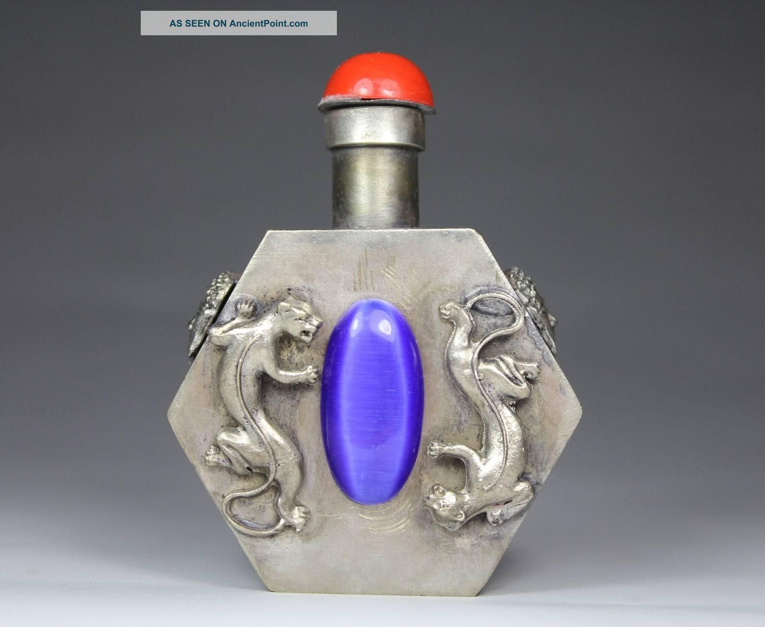 Chinese Old White Copper Handwork Inlay Jade Leopard Snuff Bottle Snuff Bottles photo
