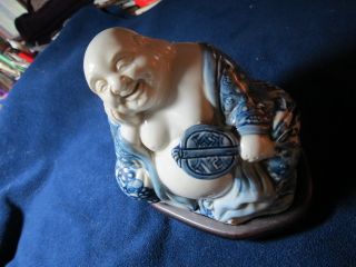 Antique/vintage Blue And White Happy Buddha W/wooden Stand photo