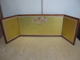 Japan Vintage Hina - Doll Kinbyobu Folding Screen Gold Leaf Sakura 9173 photo