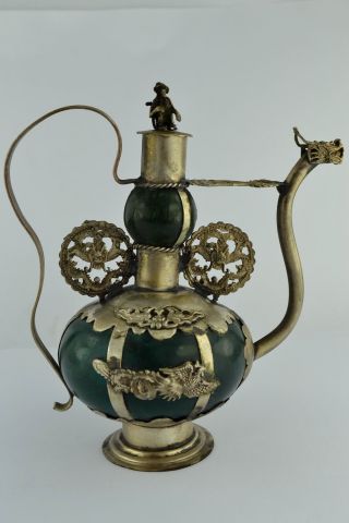 Asian Old Collectibles Decorated Wonderful Handwork Jade Dragon Phoenix Tea Pot photo