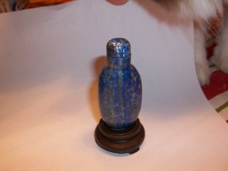 Carved Snuff Bottle - Lapis Lazulli With Lapis Top And Wood Stand photo