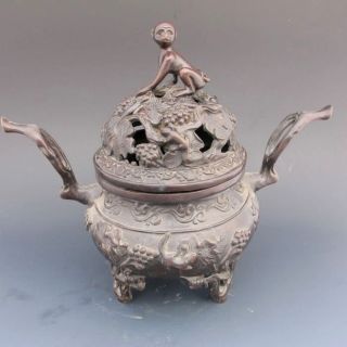 Chinese Bronze Incense Burner & Lid W Monkey & Xuan De Mark Nr photo