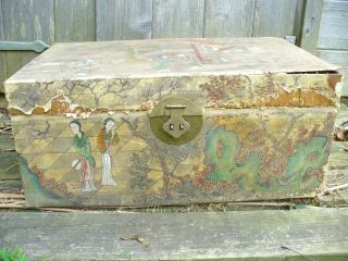 Antique Hand Painted Goat Chinese Trunk Chest W/ Issues,  As Table? Brass Handles photo