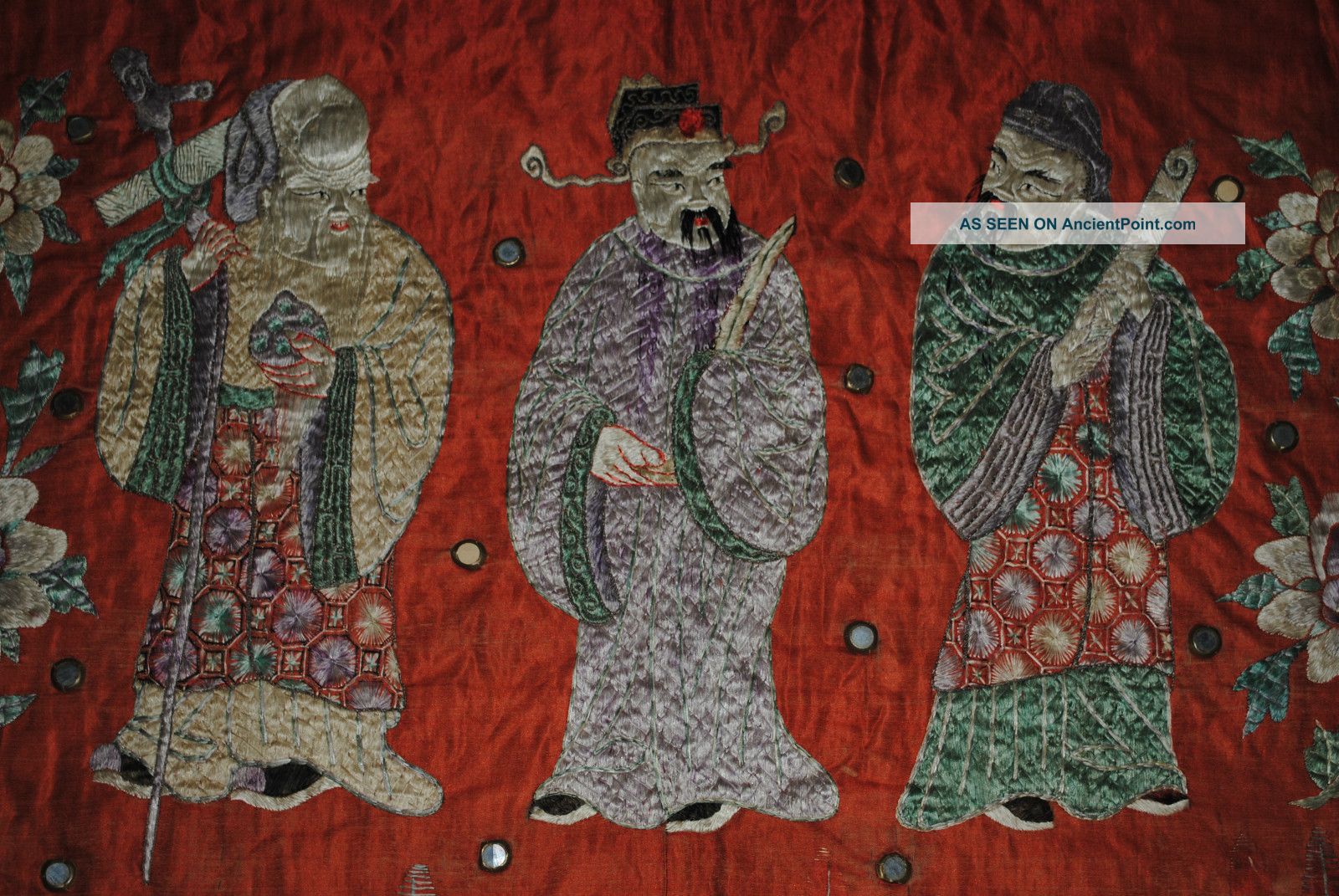 Antique Chinese Red Silk Embroidered Panel Immortals Figures 19th Embroidery Robes & Textiles photo