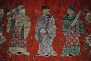 Antique Chinese Red Silk Embroidered Panel Immortals Figures 19th Embroidery photo