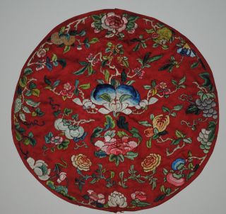 Antique Chinese Red Silk Embroidered Roundel Flowers Fruits Embroidery Qing 19th photo