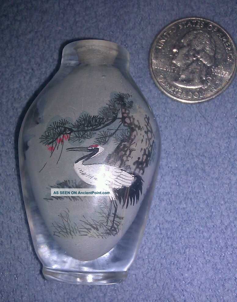 Inside Painted Glass Antique Snuff Bottle W/ Red Crested Stork & Landscape Scene Snuff Bottles photo