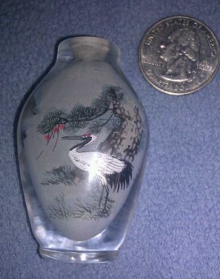Inside Painted Glass Antique Snuff Bottle W/ Red Crested Stork & Landscape Scene photo