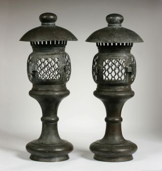 Pair Of Large Antique Bronze Japanese Buddhist Temple Lamps / 19th - 20th Century photo