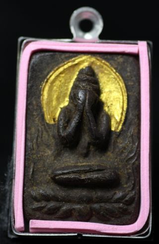  unusual Earthen Gilt Moon Phra Pidta Thai Buddha In Casing Rb027k photo
