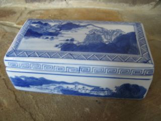 Vintage Oriental Chinese Blue White Porcelain Signed Brush Box Handpainted Asian photo