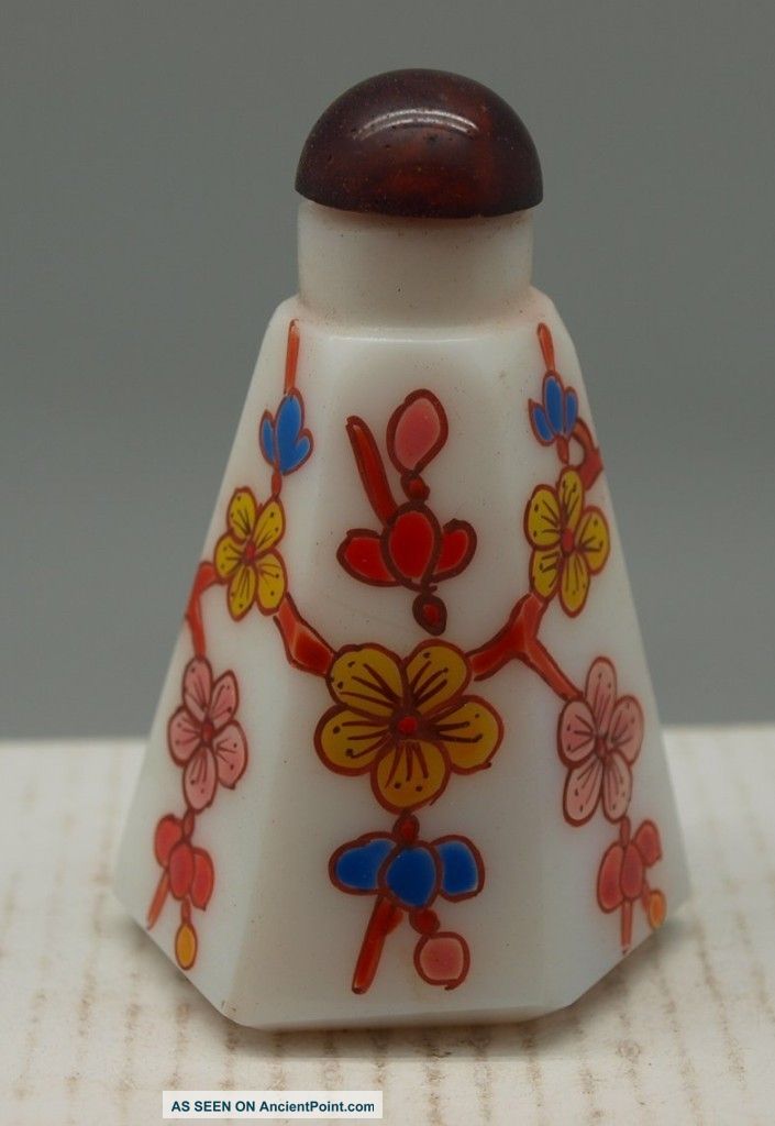 Chinese White Glass Scent Bottle - Hand Painted Oriental Flowers - Signed Snuff Bottles photo