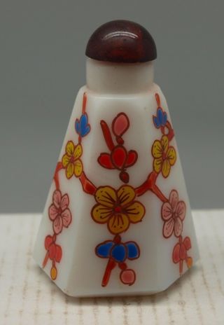 Chinese White Glass Scent Bottle - Hand Painted Oriental Flowers - Signed photo