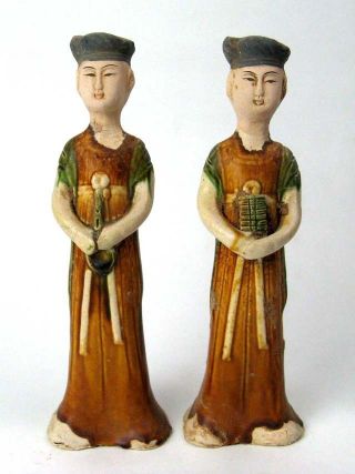 A Pair Three - Colour Glaze Ceramic Musical Woman Figure photo