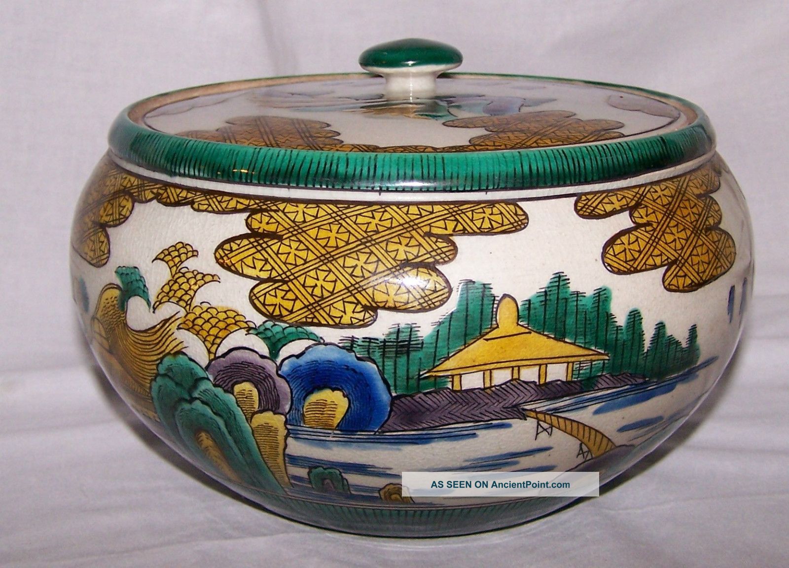 1848 - 1854 Kutani Matsuyama Kiln Lidded Serving Bowl Green Yellow Blue Mint Japan Bowls photo
