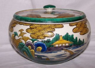 1848 - 1854 Kutani Matsuyama Kiln Lidded Serving Bowl Green Yellow Blue Mint Japan photo