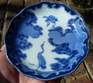 Old Imari Flow Blue Soy Dish Storks Clouds Blue White Japanese Oriental photo