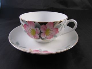 Noritake - 4 Cups & Saucers - Hand Painted Japan 19322 Azalea - Red Stamped photo
