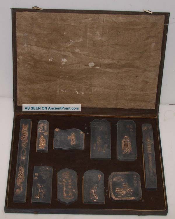 19/20th C Decorative Chinese Ink Cake Set Of 10 Boxed Gilded Molded Calligraphy Ink Stones photo
