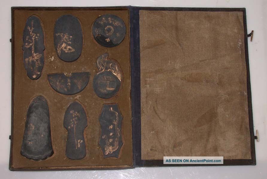 19/20th C Decorative Chinese Ink Cake Set Of 8 Boxed Gilded Molded Calligraphy Ink Stones photo