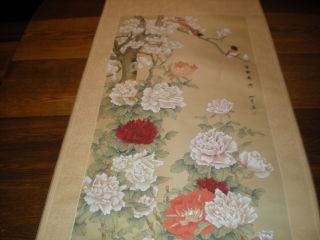 Chinese Scroll Hand Painted Signed Bird & Flower Scene Oriental photo