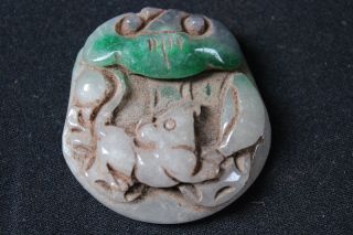 Antique Chinese Green Jadeite Pendant /cute Mouse &ruyi Means Auspicious photo
