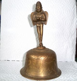 A Very Old Brass Bell With Half Man/half Monkey God As Handle - 442gm. photo