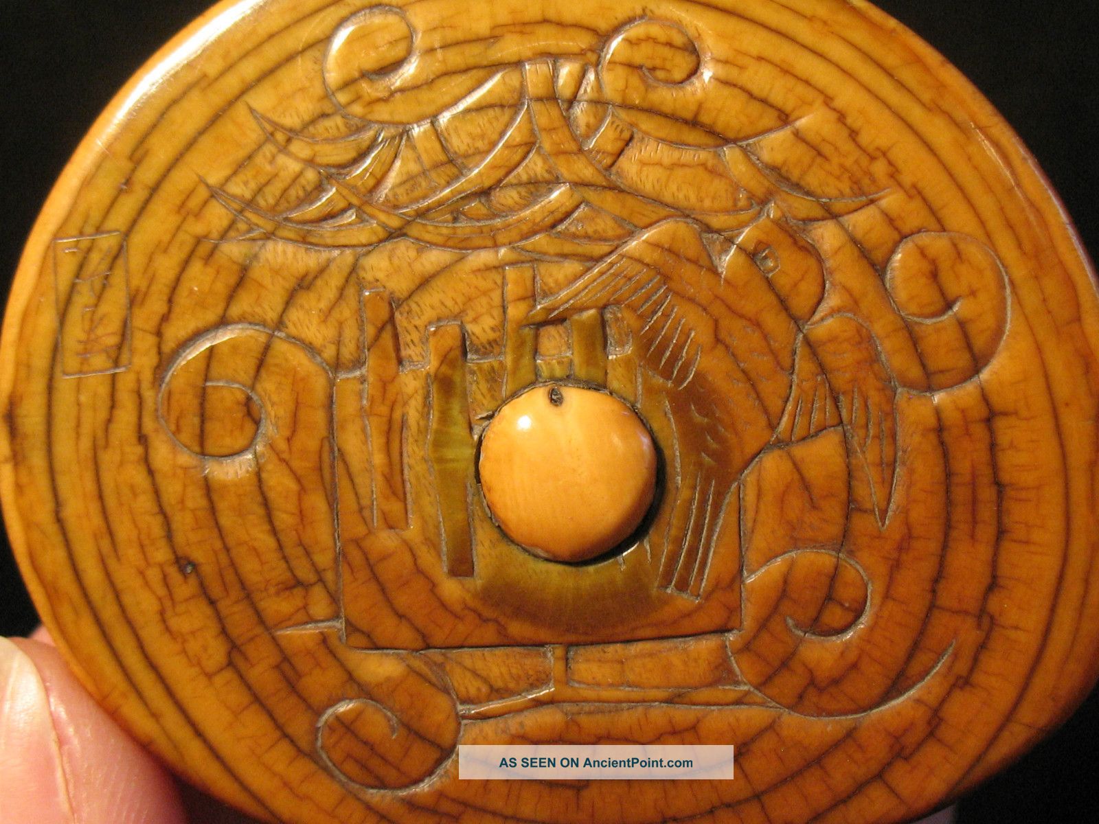 Rare Antique 19th Japanese Fossilized Ox Bone Round Netsuke Bird Temple Signed Netsuke photo