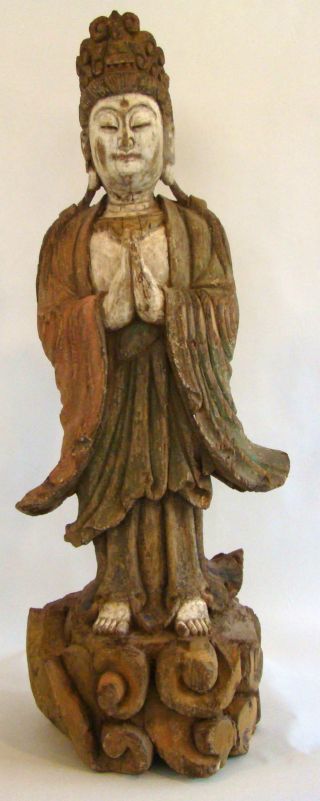 Circa 18th Century Chinese Guanyin Kwan Yin Large Wood Carved Statue photo