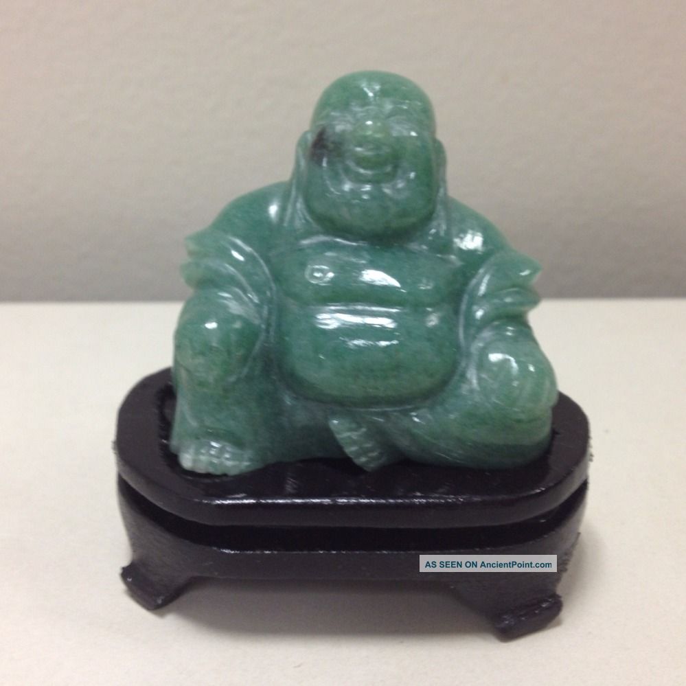 Hand Carved Indian Jade Happy Buddha With Wooden Stand Buddha photo