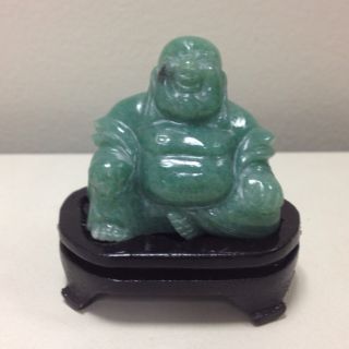 Hand Carved Indian Jade Happy Buddha With Wooden Stand photo