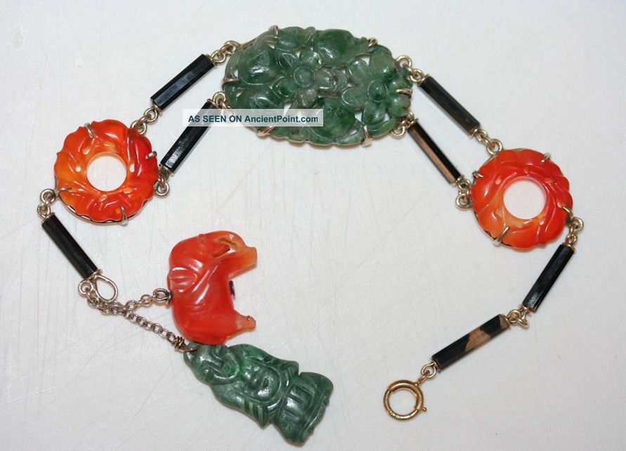 Antique Chinese Sterling Silver Carved Green Jade,  Carnelian And Onyx Bracelet Other photo