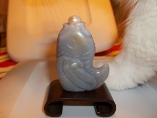 Carved Snuff Bottle - Shaded Grey Agate W/ Goldfish - Pearl Top & Base photo