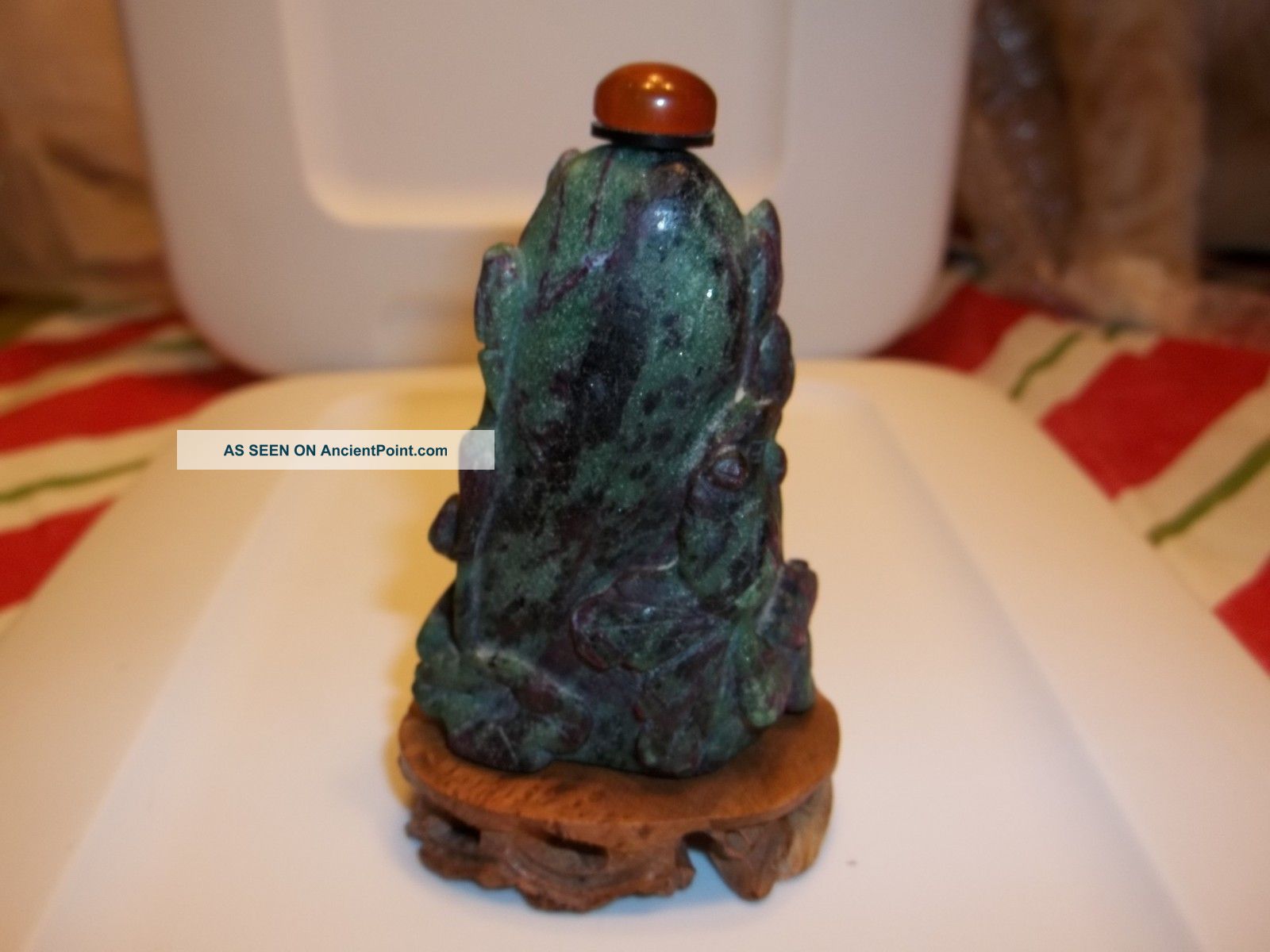 Carved Snuff Bottle - 2 Goldfish - Ruby Zoisite (matte Finish) W/ Stand Snuff Bottles photo