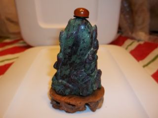 Carved Snuff Bottle - 2 Goldfish - Ruby Zoisite (matte Finish) W/ Stand photo