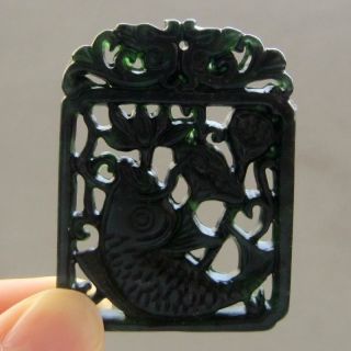 Chinese Hetian Black Green Jade Hollow Out Carved Fish Pendant Nr photo