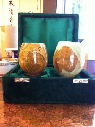 Rare Carved Antique Jade Wine Cups,  Pair photo