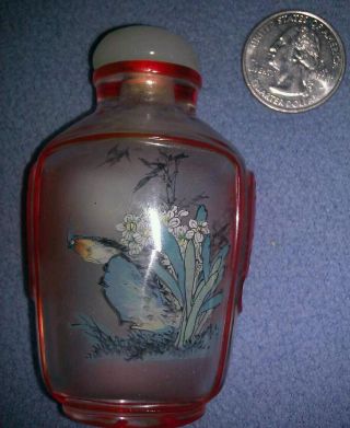Inside Painted Red Glass Antique Snuff Bottle W/ Bluejay & Mountain Scene photo