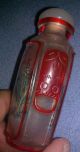 Inside Painted Red Glass Antique Snuff Bottle W/ Bluejay & Mountain Scene Snuff Bottles photo 6