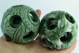 China Collectibles Old Decorated Handwork Jade Carving Dragon Pair Ball Statue photo