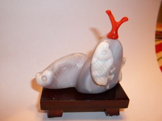 Carved Snuff Bottle - Two Fish - Shaded Grey/ White Banded Agate With Stand photo