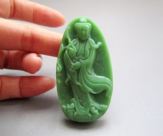 Chinese Hetian Green Jade Carved Guanyin Pendant Nr photo
