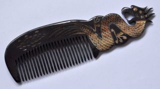 Chinese Producing The Finest Ox Horn Comb Black (dragon Carving) photo