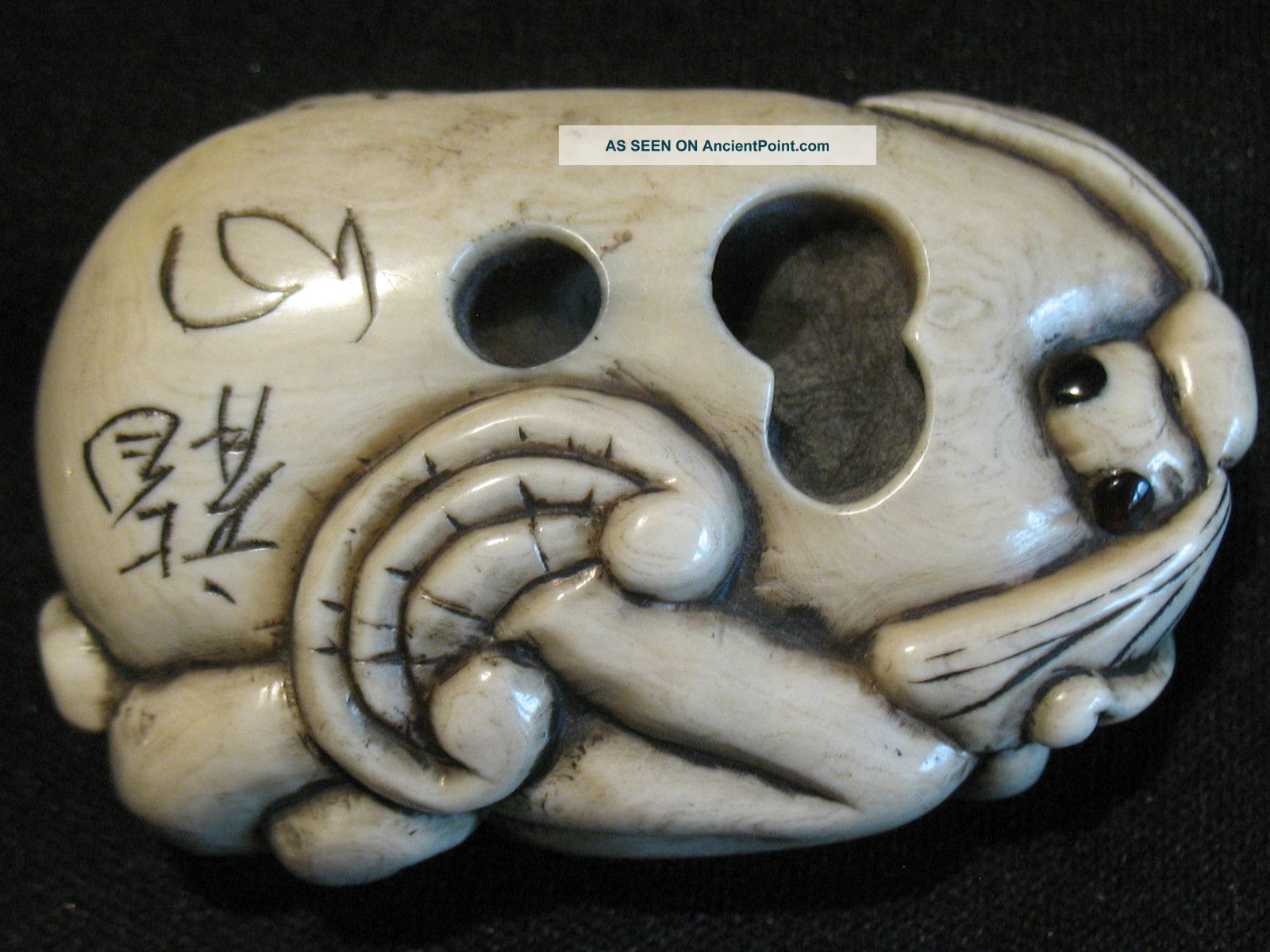 Rare Antique Japanese 象牙 Ox Bone Netsuke Free Form Dragonfly Bat Enameled Signed Netsuke photo