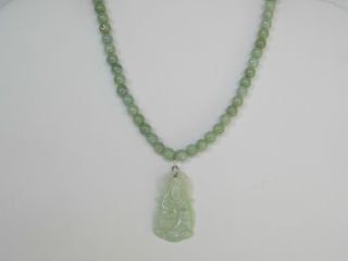 Antique 4mm 82 Piece Of Jade Beads Necklace With Buddha Kwan Yin Pendant photo