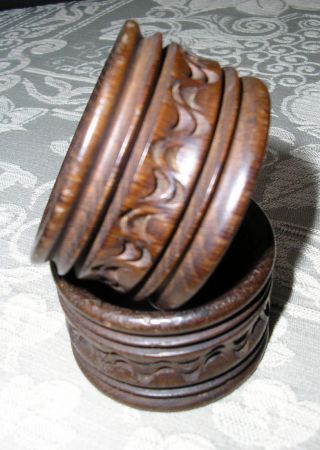 Pair Of Quality Vintage Hand Carved Solid Dark Wood Napkin Rings photo
