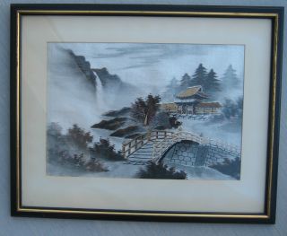 Silver Satin Fabric Painted Oriental Scene Details Embroidered Framed 12 