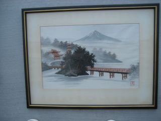 Silver Satin Fabric Painted Oriental Scene Details Embroidered Framed 17 